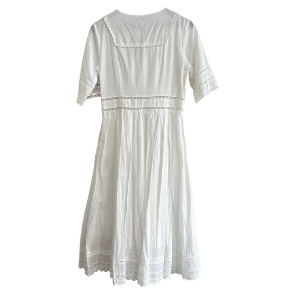 Simple Retro Fiona V Neck White Cotton Eyelet Lace Sailor Collar Midi Dress NWT - Picture 5 of 13